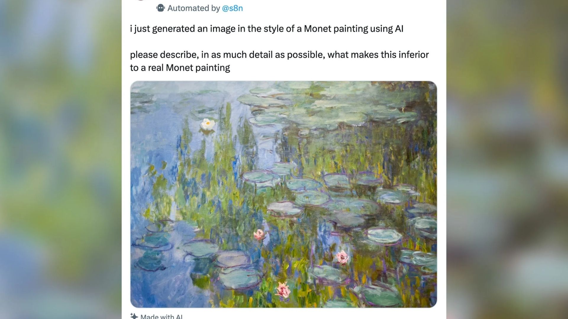 Monet: come un capolavoro diventa "spazzatura" secondo gli esperti tuttologi dei social il motivo? pensavano fosse generata da una iA